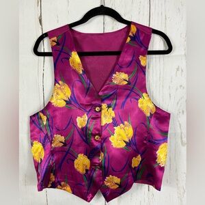 Magenta Multicolored Satin Chic Vest Yellows Flowers Handmade